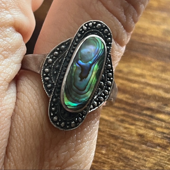 Stunning vintage stamped sterling silver abalone shell elongated ring Woodstock - Picture 9 of 9